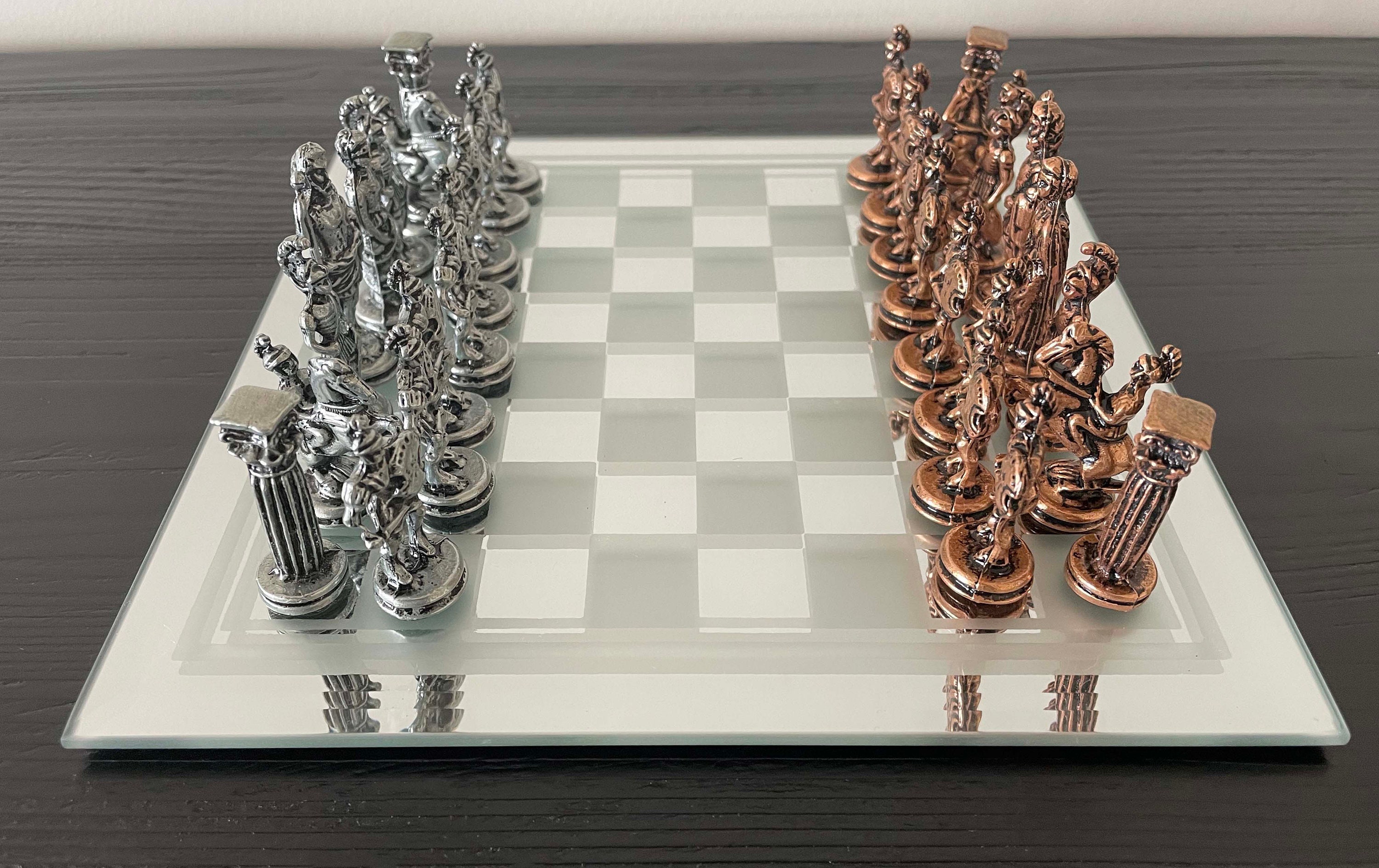 15 Black and Frosted Glass Chess Set with Mirror Board