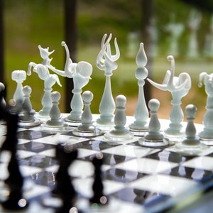 Luxury Unique Chess Set, Handmade Murano Glass Chess Board and Pieces, Black and White Chess Set
