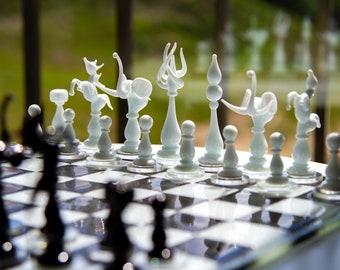 Handmade Murano Glass Chess Set: Black & White Blown Glass Figures