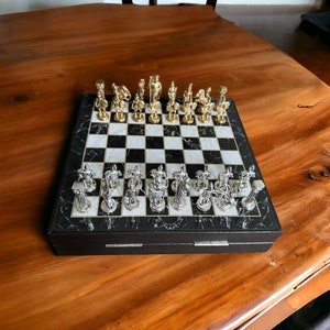 Chess set, Boxed Classic Chess Set, Black and White Chess Set, Handmade Marble Board, Wooden Chess Set