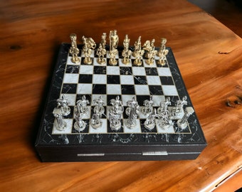 Jeu d’échecs, jeu d’échecs classique en boîte, jeu d’échecs noir et blanc, planche de marbre faite à la main, jeu d’échecs en bois