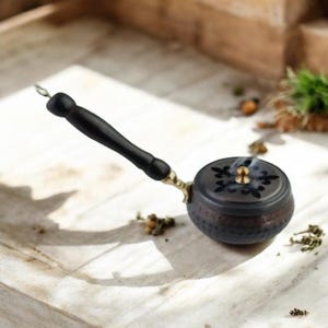 Incense Burner with Handle, Copper Incense Burner, Handmade Oil Burner, Incense Sticks Burner With Wooden Handle, Frankincense Burner