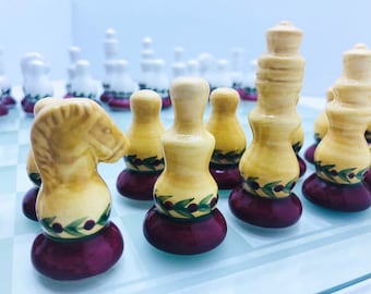 Personalized Chess Set, Vintage Chess Set, Ceramic Chess Figures - Glass Board, Handmade Elegant Design Chess Set, Vintage Ceramic Chess Set