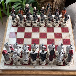 Large Size Hand-Painted Chess Set, Handmade Medieval Figures with Wooden Board, Personalized Chess Set
