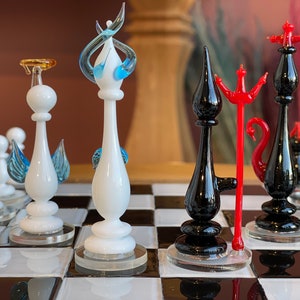 Angels and Demons Chess Set, Unique Chess Set, Handmade Black & White Murano Glass, Angels Chess Set