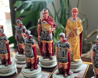 Handmade Roman vs Egyptian Chess Set: Medieval Figures, Wooden Board