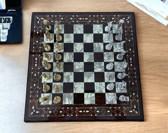 Pegasus Chess Set: Handcrafted Wood Board with Mythologic Metal Figures