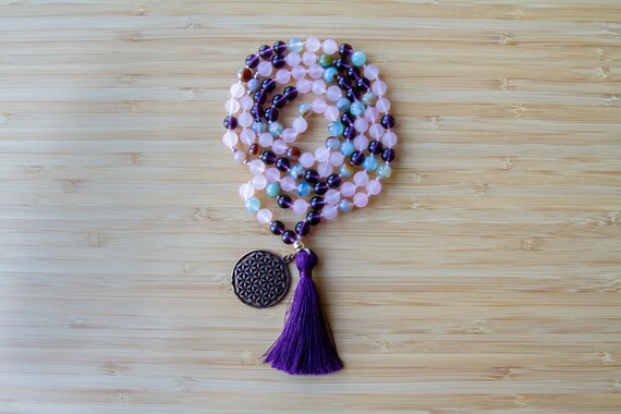 Rose Quartz Mala Bead Necklace: Blue Agate, Amethyst, Flower of Life