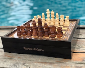 Handmade Wooden Chess Set: Mother-Of-Pearl Coating, Personalization Option