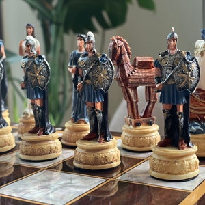 Trojen vs Roman Chess Set, Handmade Medieval Figures with Wooden Board, Personalized Chess Set, Elegant Chess Set, Housewarming Gift
