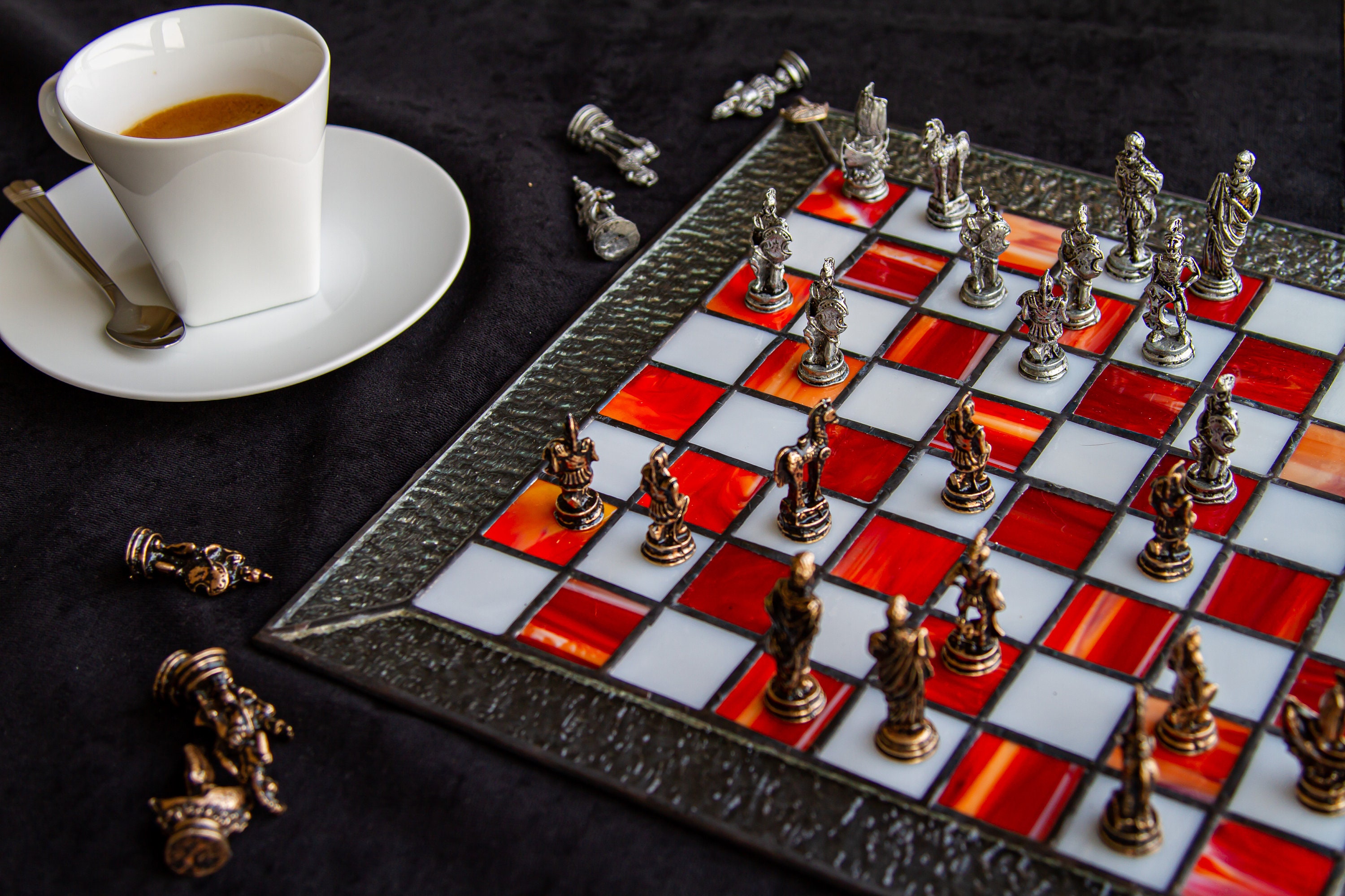  Luxury Chess Set - Antique Walnut Board in Mosaic Art with  Bzyantin Chess Pieces - 10 - Gift Item : Toys & Games