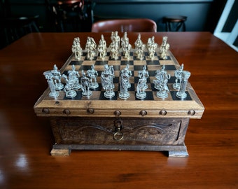 Handcrafted Walnut Wood Secret Box, Chess Set, Antique Box, Special Gift, Unique Gift, Hidden Key