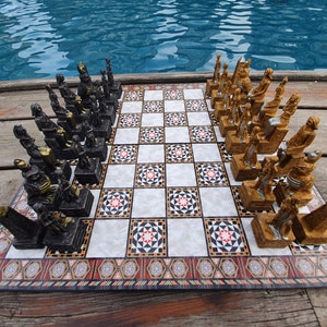 Egyptian Theme Chess Set: Handmade Polyester Pieces, Wooden Board
