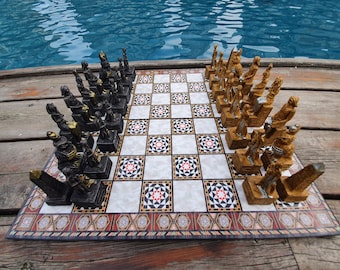Egyptian Theme Chess Set: Handmade Polyester Pieces, Wooden Board