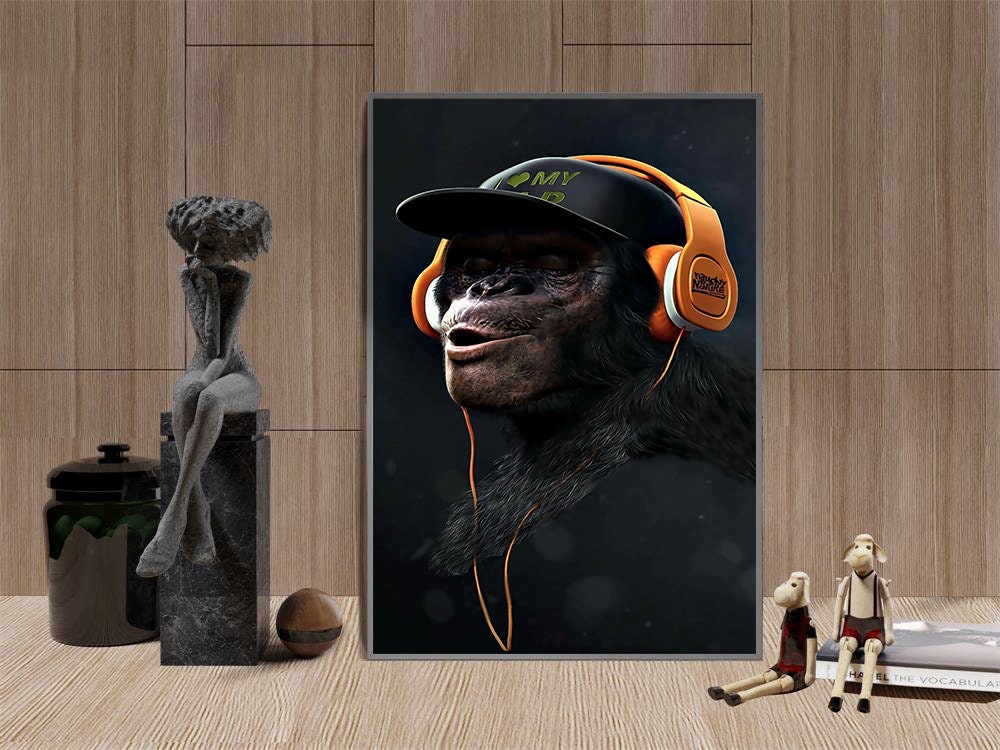 Moderne lustige denken Affe mit Kopfhörer Tier Bild Leinwand Etsy