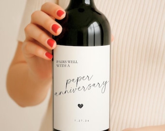 Pairs Well with Paper Anniversary Cheers One Year Married Love Couples Wine Bottle Label Cute Gifts for Him Her for Gift Ideas Husband Wife