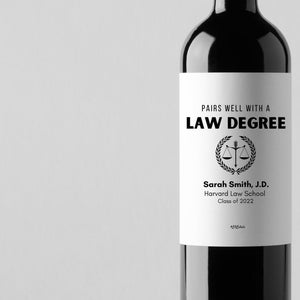 Pairs Well with Law Degree Custom Graduation Gift, Law School, J.D., Wine Label, Gift for Her, Gift for Him, Bar Exam, Attorney, Lawyer gift