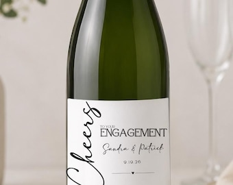 Etiqueta personalizada para botella de champán "Salud por tu compromiso". Comprometidos, felicitaciones personalizadas para pareja, novia, novio, prometido, boda.
