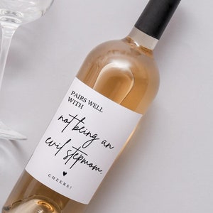 May include: A wine bottle with a white label that reads "Pairs well with not being an evil stepmom." The bottle is filled with a light-colored liquid and is next to a clear wine glass. The word "Cheers!" is at the bottom of the label.