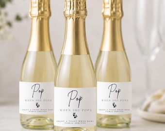 Recuerdos para baby shower "Pop When She Pops" Mini botellas de champán espumoso Recién nacido Mamá Maternidad Etiqueta de vino Ideas de regalo Felicitaciones Mamá Premio