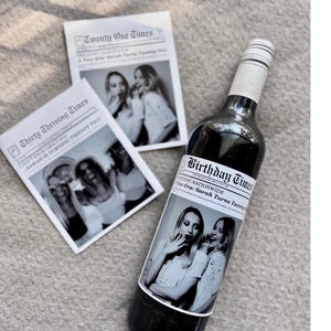 Personalized Newspaper Bottle Label Gift for Wine, Champagne, Mini Shooters, Birthday, Graduation, Bachelorette, Photo, 30th, 21st, Retired