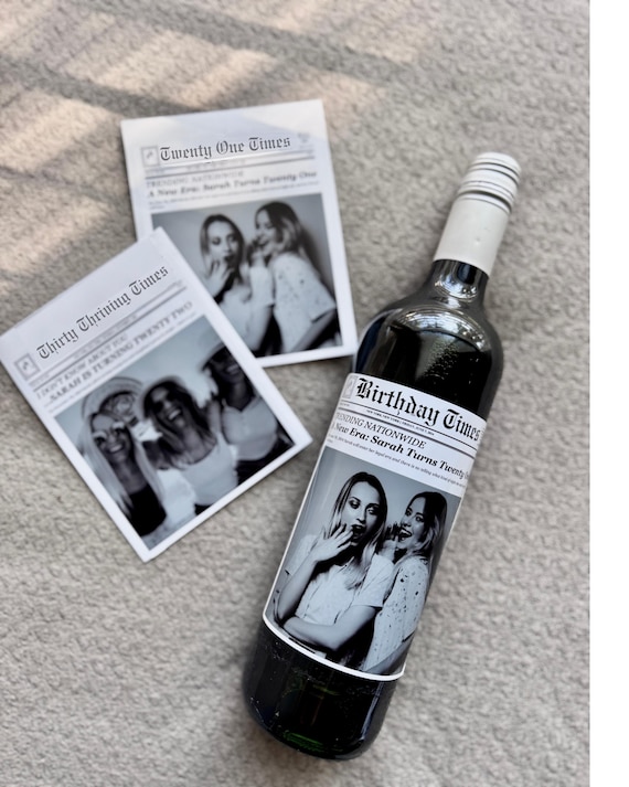 Personalized Newspaper Wine Label, Custom Photo Gift for 21st, 30th, Birthday; Anniversary, Engagement, Wedding, Retired, 21, 30, 40, 50