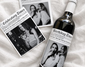Etiqueta de vino personalizada con diseño de periódico, regalo con foto personalizada para cumpleaños de 21, 30, aniversario, compromiso, boda, jubilación, 21, 30, 40, 50 años.