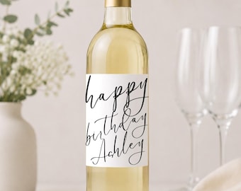 Custom Name Simple Happy Birthday Handwriting Wine Bottle Label Personalized Gift Idea, Gifts for Her, Him HBD, Unique Minimalist