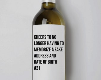RIP Fake ID 21 Twenty One Legal Age Happy Birthday Wine Bottle Label Funny Cute Wine Label Gift for Her Him Gift Ideas Wine Gifts 21st