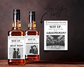 Groomsmen Gazette Newspaper Best Man, Groomsman Proposal News Whiskey Label Gift for Bridal Party, Guys, Bachelor