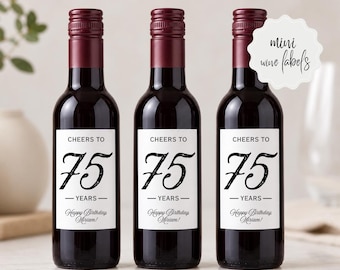 Etiquetas personalizadas para botellas de vino con la frase "Salud por la edad", ideales para regalos y decoración de fiestas y celebraciones importantes (50, 60, 75, 80, 90 años).