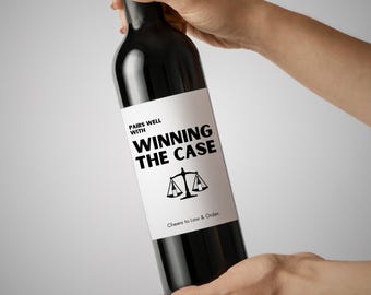Pairs Well with Winning Case Funny Lawyer J.D., Wine Champagne Label Gift for Attorney; Court, Justice, Legal