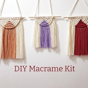 Op de afbeelding: Drie DIY macramé wandhangers met verschillende kleuren garen. De hangers zijn gemaakt met een wit katoenen koord en hebben een halfronde vorm met franjes. De kleuren van het garen zijn oranje, paars en rood. De tekst "DIY Macrame Kit" staat onder de hangers.