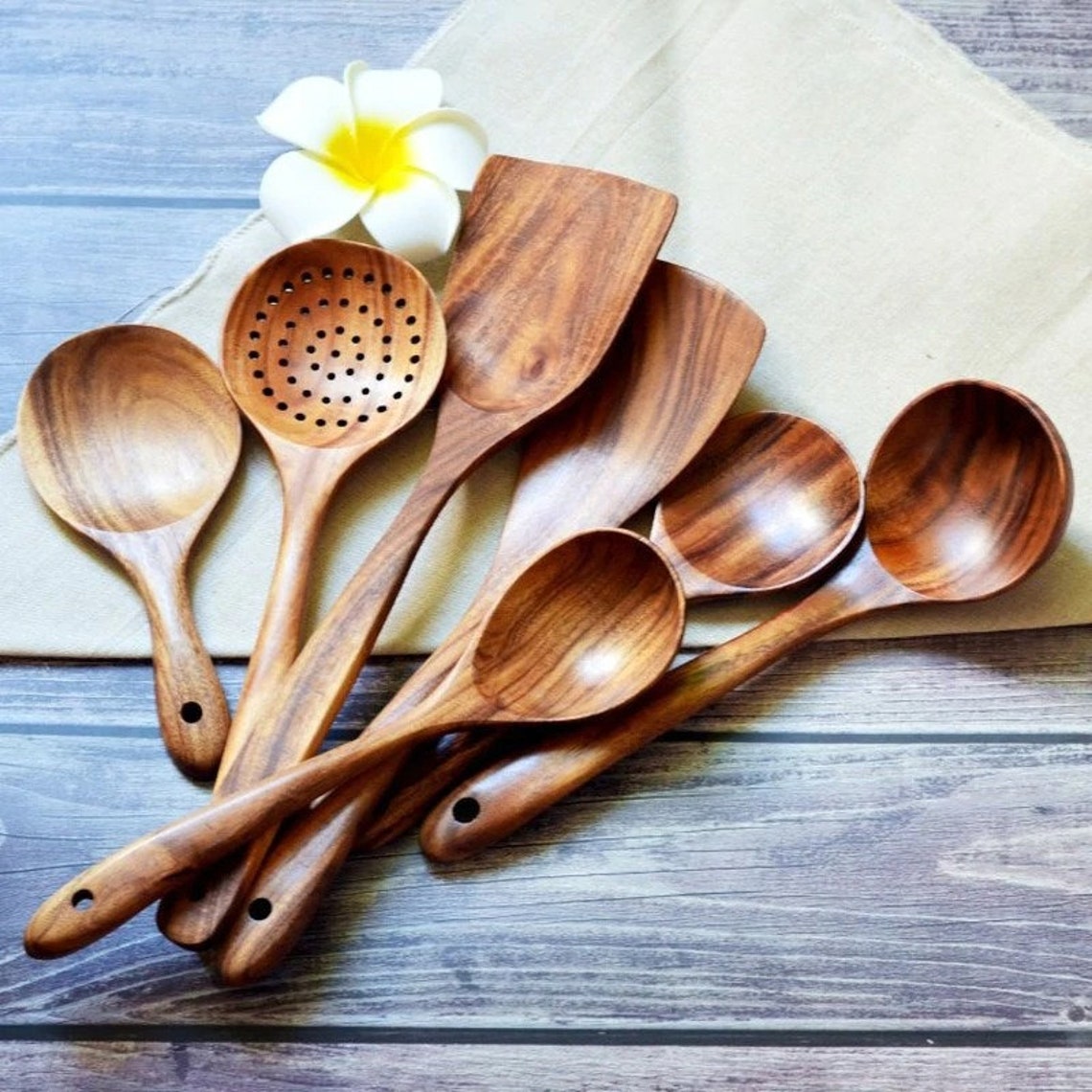 Classic 7 Pieces Wooden Utensil Set Natural Teak Wood Kitchen Etsy