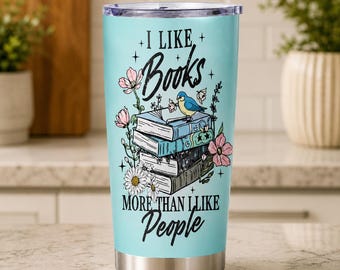 Book Lover Tumbler 20oz, I Like Books More Than People Mug, Booktok Gift, Bookish Gifts, Readers Gift, Bookish Travel Mug, Blue Tumbler