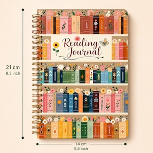 May include: A spiral-bound reading journal with a cover featuring rows of colorful books decorated with floral patterns and a butterfly. The text Reading Journal is printed in the center. The journal measures 8.3 inches by 5.5 inches in size.