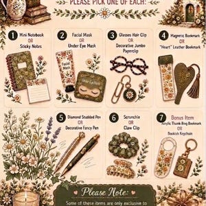 May include: A selection guide for a custom blind date with a book, featuring seven categories of items including notebooks, facial masks, hair accessories, bookmarks, pens, and keychains, all decorated with floral patterns and earthy green tones.