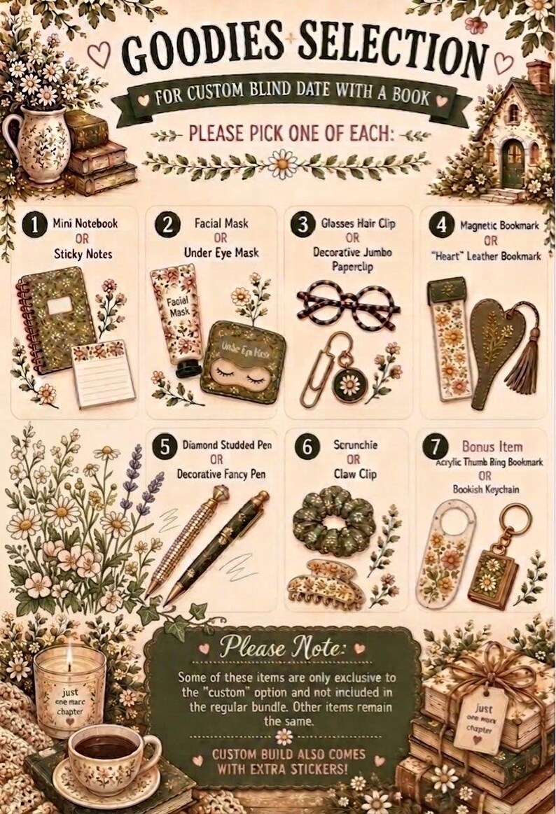 May include: A selection guide for a custom blind date with a book, featuring seven categories of items including notebooks, facial masks, hair accessories, bookmarks, pens, and keychains, all decorated with floral patterns and earthy green tones.
