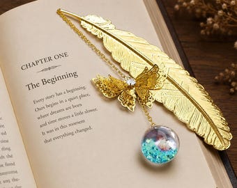 Gold Feather Butterfly Bookmark, Handmade Floral Glass Pendant Bookmark, Reader Gift, Book Lover Accessory, Metal Bookmark with Gift box