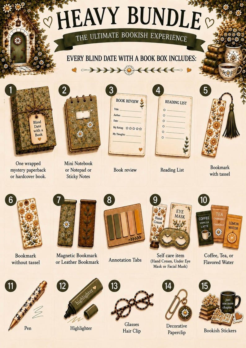 May include: A bookish bundle infographic titled HEAVY BUNDLE THE ULTIMATE BOOKISH EXPERIENCE. It displays 15 numbered items including a wrapped book, notebook, book review card, reading list, bookmarks, annotation tabs, self-care items, drinks, pen, highlighter, glasses hair clip, paperclip, and stickers.