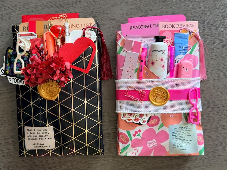 May include: Two wrapped book gifts featuring stationery accessories. The left gift has black and gold geometric paper, a red heart, and a Shakespeare quote. The right gift has pink floral paper, a white bottle, and a pink ribbon with a gold wax seal.