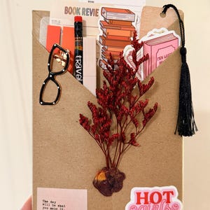 May include: A brown paper envelope containing a reading tracker, book review card, pencil, stickers of books, and a bookmark with a black tassel. A pair of black glasses-shaped pin, a sprig of red dried flowers, and a sticker reading "HOT girls READ books" are attached to the front, along with a quote by William C. Hannan.
