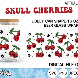 Totenkopf Kirschen Dose Glas SVG, Halloween Totenkopf Obst Libbey Dose Glas SVG, Full Wrap Für Libbey Glas 16 oz , Cricut, Silhouette