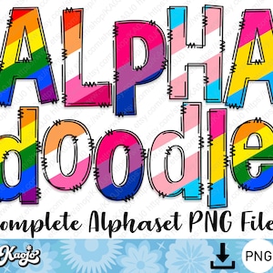LGBTQ Flag Doodle Letters PNG Bundle, Entire Doodle Alphabet Uppercase Lowercase Number, Sublimation Hand Drawn Doodle Alphabet Set PNG