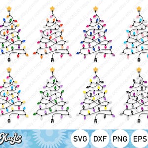 May include: Eight Christmas tree designs with colorful lights and star toppers. Each tree is a different color scheme, with a black outline and a plug at the bottom. The image also includes the text "Kaojo" and file type icons: SVG, DXF, PNG, and EPS.