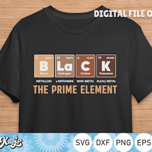 May include: Black t-shirt with a graphic of the periodic table elements spelling out the word "BLACK". The graphic includes the element symbols, names, atomic numbers, and atomic weights. The text "The Prime Element" is below the graphic.