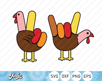 May include: Two Thanksgiving turkeys with different hand gestures. One turkey is making the peace sign with its wings, and the other is making the 'I love you' hand sign with its wings. Both turkeys are brown with pink heads and yellow feet.