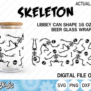 Skeleton Can Glass SVG, Halloween Can Shaped Glass SVG, Skull Libbey Can Glass SVG, Full Wrap For Libbey Glass 16 oz ,Cricut, Silhouette