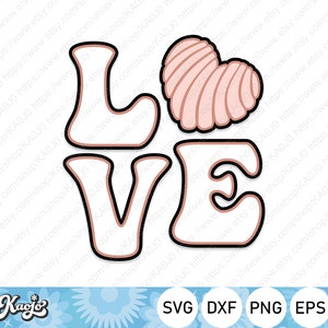 May include: A digital cut file design featuring the word "LOVE" in a retro style with a pink heart in the center. The letters are outlined in black and have a pink inner outline. The design is perfect for creating crafts, cards, and other projects.