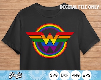 May include: Black t-shirt with a rainbow Wonder Woman logo. The logo is a rainbow circle with a white W inside. The text "DIGITAL FILE ONLY" is at the top of the image.